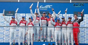 Il podio tutto Audi alla Sei Ore di Spa, seconda prova del Mondiale Endurance 2013.