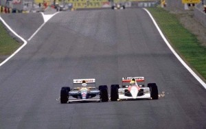 GP di Spagna 1991: il vincitore Nigel Mansel (Williams) in lotta con Ayrton Senna (McLaren).