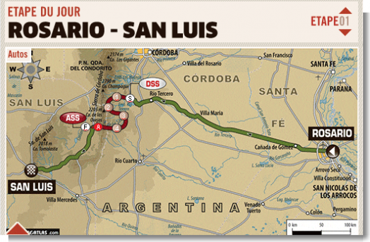 La prima tappa della Dakat 2014, da Rosario a San Luis: 400 chilometri, con 180 di prova speciale.